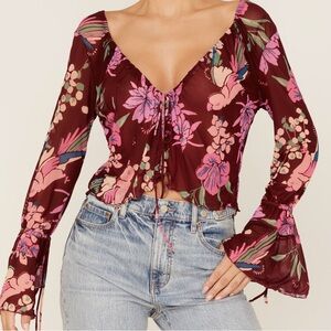Free people OF PARADISE PALM COMBO Women's cropped LS Top SZ S burgundy New